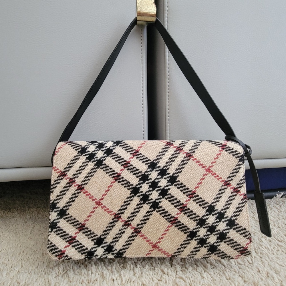 Vtg Burberry London Nova Check Wool Baguette Shoulder Bag Tan Black Leather Trim - Picture 2 of 16